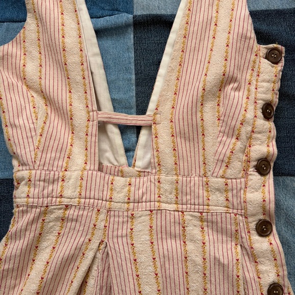 vtg 70s dress ruffle hem deep vneck striped embroidered pink cream green - Picture 5 of 11